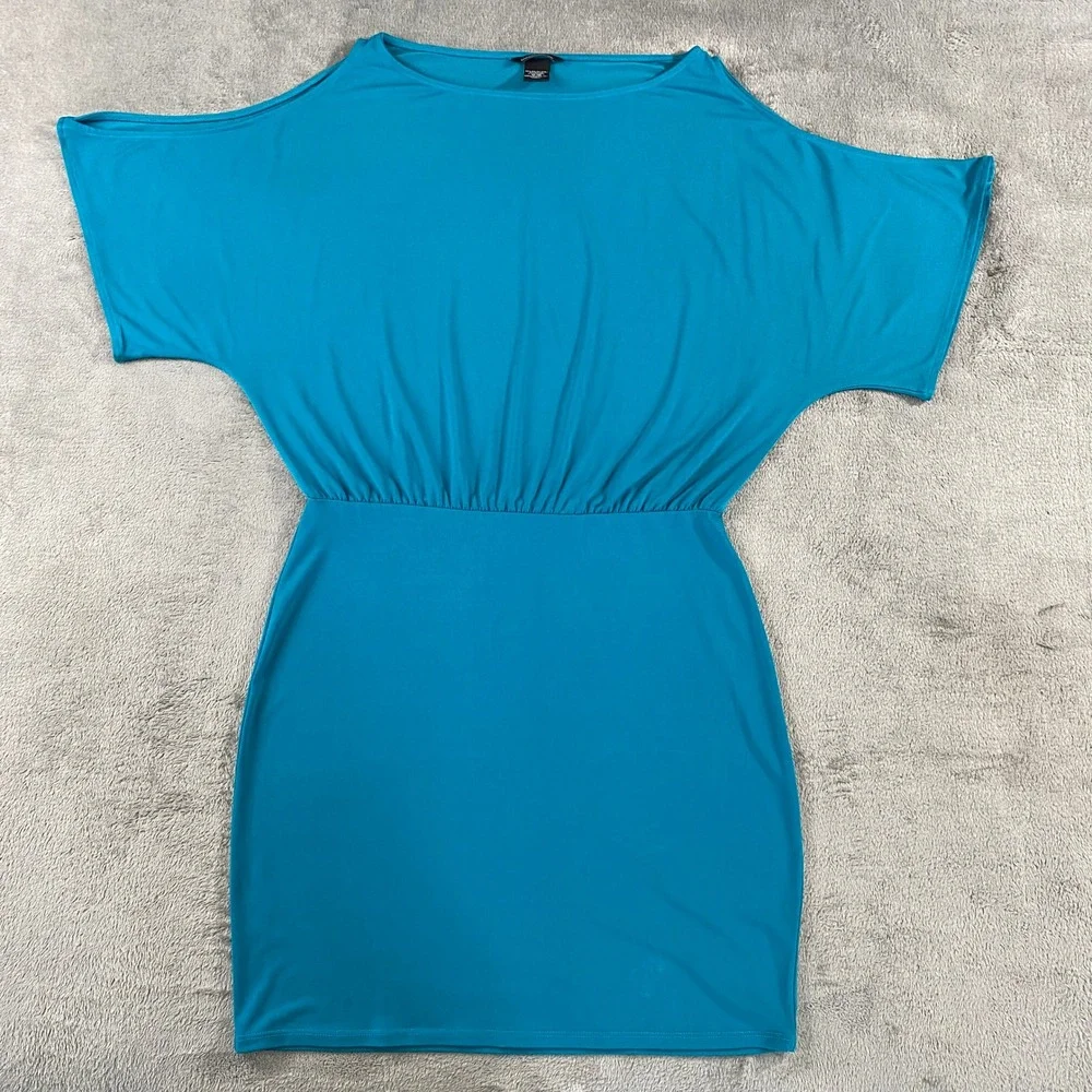 Moda International Dress Womens M Teal Cold Shoulder Dolman Mini Elastic Waist - Picture 2 of 10